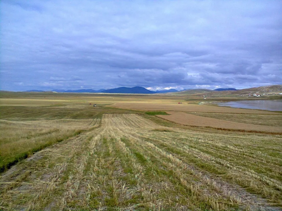 Mown machair grassland with the sea and the hills of North Uist beyond